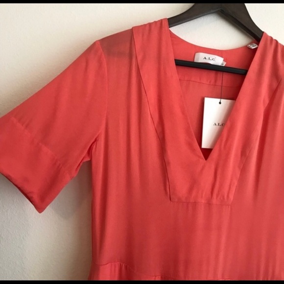 A.L.C. Delaney Silk Ruffle Dress Pockets Coral NWT - Picture 6 of 8